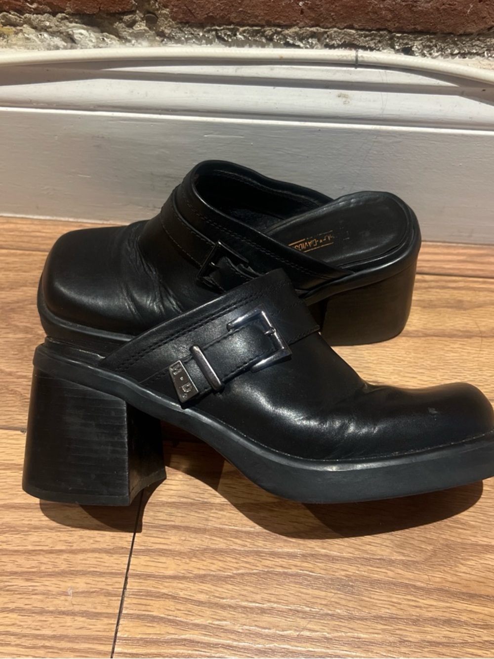 Black Leather Platform Mules with Buckle Accent - Women